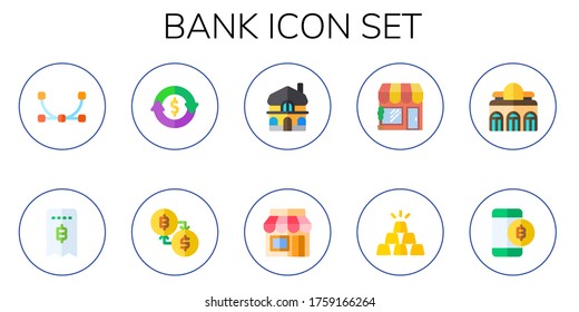 bank icon set. 10 flat bank icons. Included vector, invoice, refund, exchange, mansion, store, gold ingot, museum, bitcoin icons