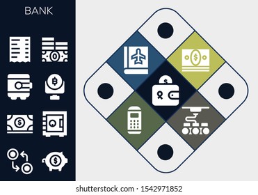 bank icon set. 13 filled bank icons.  Simple modern icons about  - Wallet, Currency, Piggy bank, Money, Safebox, Bitcoin, Receipt, Passbook, Payment terminal, 3d