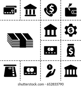 Bank icon. set of 13 filled bankicons such as credit card, wallet, bank, court building, dollar gear, coin on hand, money sack, money, bank support
