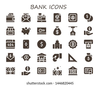 bank icon set. 30 filled bank icons.  Collection Of - Wallet, Money, Cash register, 3d, Safe box, Store, Piggy bank, Card, Money bag, Payment, , Coin, Building, Bitcoin, Atm, Invoice