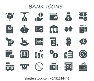 bank icon set. 30 filled bank icons.  Collection Of - 3d, Money, Wallet, Bitcoin, Piggy bank, Certificate, Courthouse, Transfer, Payment terminal, Building, Retirement, Safe box