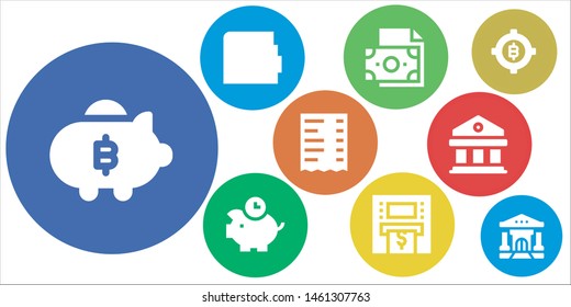 bank icon set. 9 filled bank icons.  Simple modern icons about  - Piggy bank, Wallet, Money, Piggybank, Atm, Receipt, Courthouse, Bitcoin,