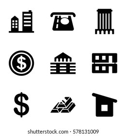 bank icon. Set of 9 bank filled icons such as Coin, ATM money withdraw, house building, building, gold bar