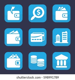 bank icon. Set of 9 filled bank icons such as Wallet, building, card, search dollar, wallet, money