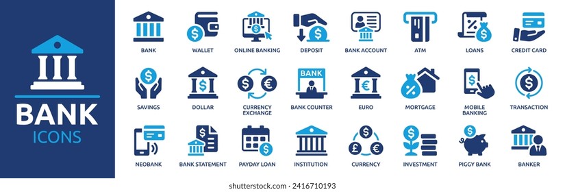 Bank icon set. Containing wallet, online banking, savings, loans, ATM, mortgage, investment, banger and more. Solid vector icons collection.