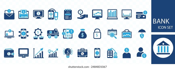 Bank icon set. Containing wallet, online banking, savings, loans, ATM, mortgage, investment, banger and more. Solid vector icons collection