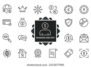 Bank icon set. Containing wallet, online banking, savings, loans, ATM, mortgage, investment, banger and more. Solid vector icons collection.