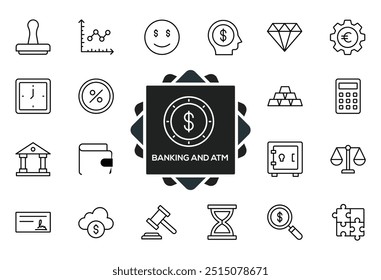 Bank icon set. Containing wallet, online banking, savings, loans, ATM, mortgage, investment, banger and more. Solid vector icons collection.