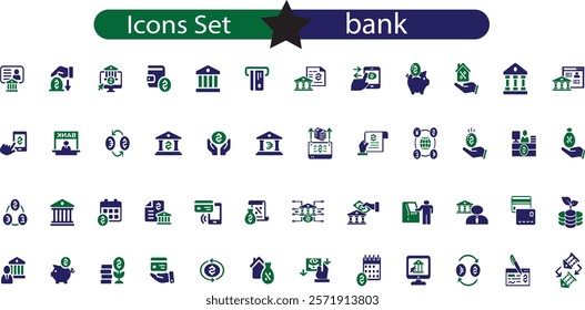 Bank icon set. Containing wallet, online banking, savings, loans, ATM, mortgage, investment, banger