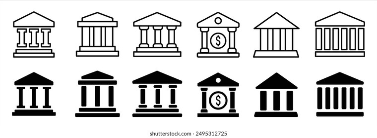 Bank icon set. Bank icon with different style. Banking icon for app and website. Government building. Transparent background. Bank icon sign and symbol. Vector illustration.