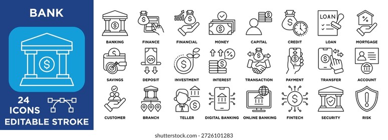 Conjunto de iconos bancarios que incluye servicios bancarios, finanzas, préstamos, crédito, ahorros, pagos, banca digital, fintech, seguridad, Cuentas y transacciones