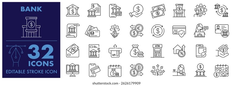 Conjunto de ícones de banco. Finanças, Online banking, carteira, poupança, empréstimos, ATM, cartão de crédito, hipoteca, investimento, Gerente e muito mais. Traço editável