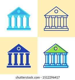 Bank icon set in flat and line style. Classical building in greek temple style symbol. Vector illustration.