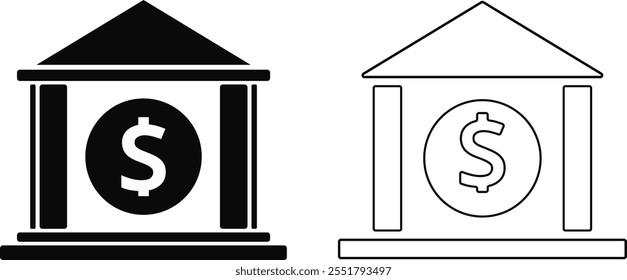 ícone de banco definido. Sinal de construção do governo. Banco com botões de dólar. Sinal de edifício histórico
