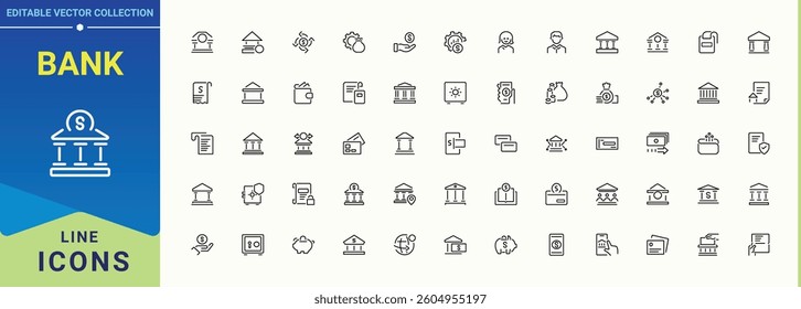 Bank icon set in linear style. Contains such symbols as payment, financial, currency, money, wealth and more. Modern icons collection. Pay linear icon collection. Art and illustration.