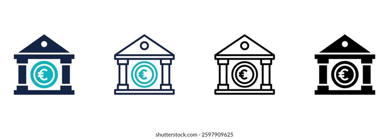 Bank icon set multiple style collection. Bank building with euro coin.