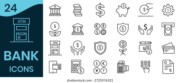 Bank icon set. Out line icon of  Featuring Money, Credit Cards, Safes, Dollar Signs, Piggy Banks, Loans, Investments, Shields, and Online Banking Element.  Vector illustration.
