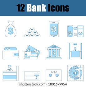 Juego de iconos de banco. Línea Delgada Con Diseño De Relleno Azul. Ilustración vectorial.