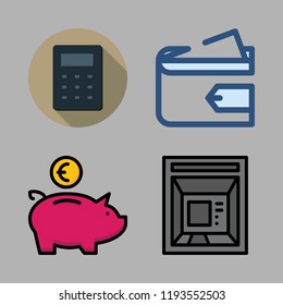 bank icon set. vector set about piggy bank, calculator, cash machine and wallet icons set.