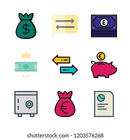 bank icon set. vector set about transfer, safebox, piggy bank and report icons set.