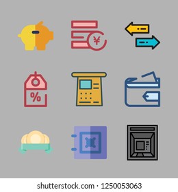 bank icon set. vector set about transfer, coins, safebox and piggy bank icons set.