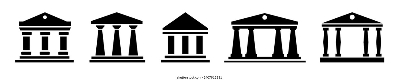 Juego de iconos de banco,Estructuras de bancos con columnas: Iconos de museos y bancos.Iconos financieros Diseños arquitectónicos con columnas.Vector