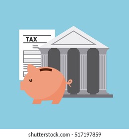 bank icon and tax documents with piggy box over blue background. tax time design. vector illustration