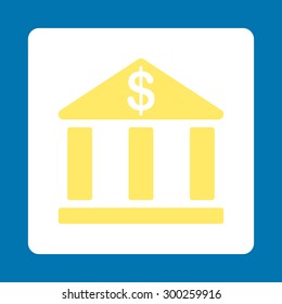 Bank icon. This flat rounded square button uses yellow and white colors and isolated on a blue background.
