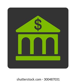 Bank icon. This flat rounded square button uses eco green and gray colors and isolated on a white background.
