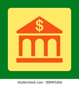 Bank icon. This flat rounded square button uses orange and yellow colors and isolated on a green background.