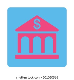 Bank icon. This flat rounded square button uses pink and blue colors and isolated on a white background.