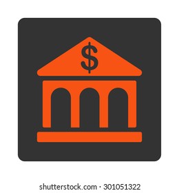 Bank icon. This flat rounded square button uses orange and gray colors and isolated on a white background.