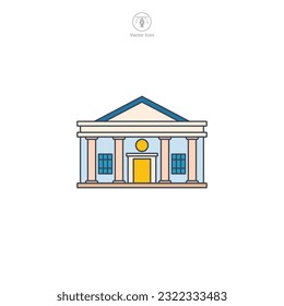 Bank icon vector depicts a stylized financial institution, symbolizing finance, banking, investment, savings, and money transactions