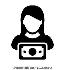 Bank icon vector female user person profile avatar with money symbol in flat color glyph pictogram illustration