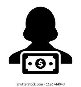 Bank icon vector female user person profile avatar with dollar sign currency money symbol for banking and finance business in flat color glyph pictogram illustration