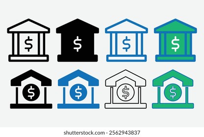 Bank Icon Vector. Bank front building illustration icon set. Bank building icon. Home Loan Icon.