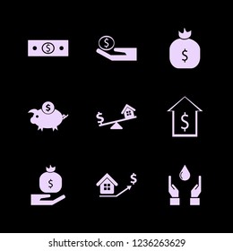 bank icon. bank vector icons set money hand, money bag hand, dollar and dollar piggy bank
