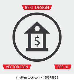 Bank Icon - Vector illustration of bank icon in circle, on gray background. Building Icon. Finance Icon. Dollar Icon. Currency Icon.