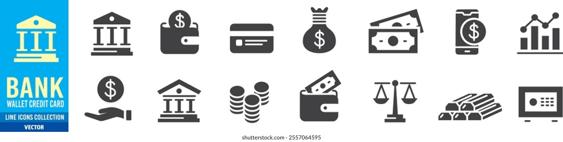 Bank icon vector illustration set. credit card mobile banking wallet ATM banger Editable line vector icons collection.