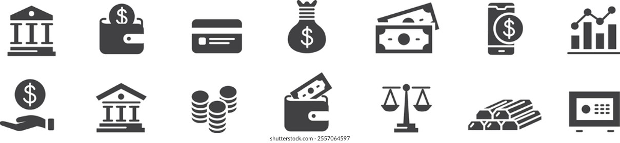 Bank icon vector illustration set. credit card mobile banking wallet ATM banger Editable line vector icons collection.