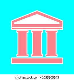 Bank Icon. Vector. Magenta icon with white sticker contour at sky blue background. Isolated.