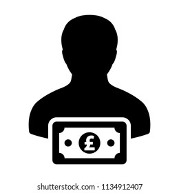 Bank icon vector male user person profile avatar with Pound sign currency money symbol for banking and finance business in flat color glyph pictogram illustration