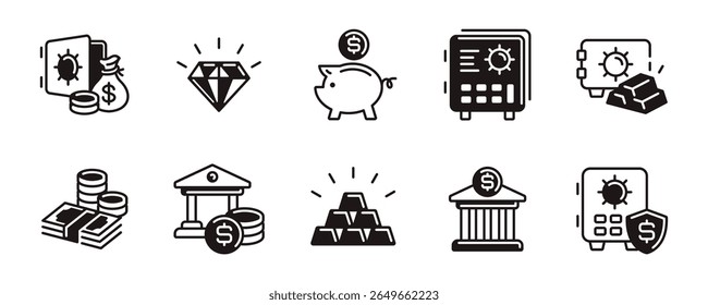 bank icon vector set business financial money savings luxury gold bar, safe, money stack, diamond, piggy bank, billfold dollar exchange signs vector outline illustration