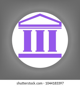 Bank Icon. Vector. Violet icon on white circle with shadow at gray background.