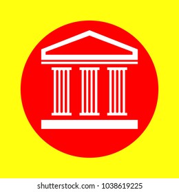 Bank Icon. Vector. White flat icon inside red circle at yellow background. Isolated.