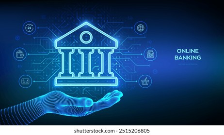 Icono del banco en la mano del wireframe. Aplicación de servicio de banca en línea. Transacción de dinero, comercio electrónico. Finanzas y banca conexión global a Internet. Transacción financiera. API Fintech. Ilustración vectorial.