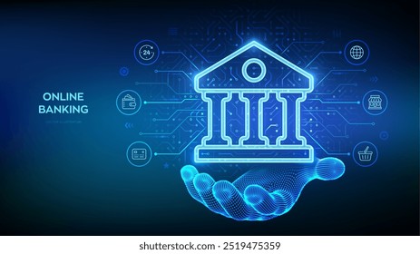 Icono del banco en la mano del wireframe. Aplicación de servicio de banca en línea. Transacción de dinero, comercio electrónico. Finanzas y banca conexión global a Internet. Transacción financiera. API Fintech. Ilustración vectorial.