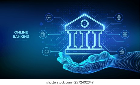 Bank icon in wireframe hand. Online banking service application. Money transaction, e-commerce. Finance and banking global internet connection. Financial transaction. API Fintech. Vector illustration.