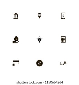 bank icons. money bag hand, calculator, dollar house scales and atm location vector icons set