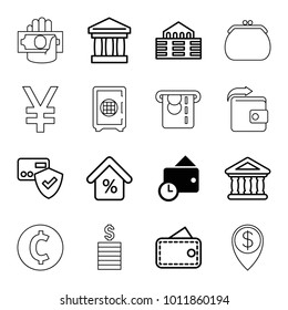 Bank icons. set of 16 editable outline bank icons such as wallet, card protection, bank, building, mortgage, safe, coin, atm money withdraw, wallet, purse, coin, money in hand
